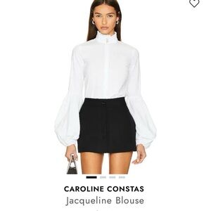 Caroline Constas White Ruffled High-Neck Blouse with Balloon Sleeves